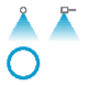 Nozzle discharges tangentially and produces a hollow, circular, ring-shaped spray pattern on the target surface (hollow cone).